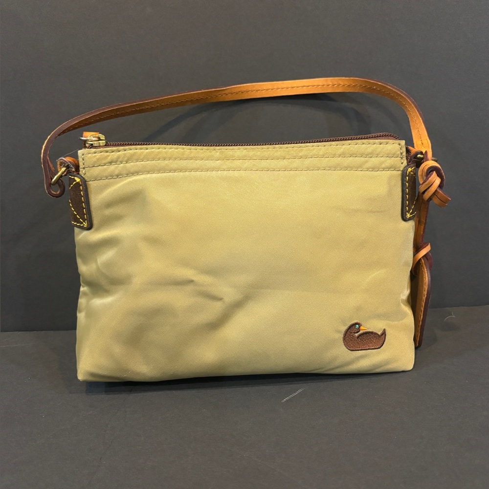 Dooney & Bourke Erica Nylon Pouchette Shoulder Bag Khaki Leather Trim Duck Tag